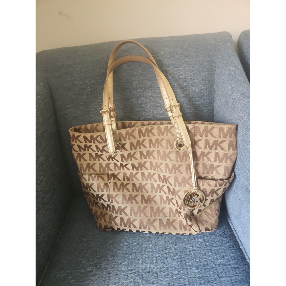 Michael Kors Jet Set Tote Brown Signature Print w/ Gold Leather Straps & Accents